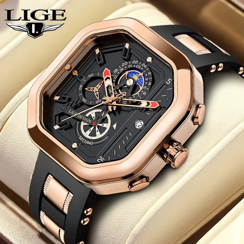LIGE Armbanduhr Quarz, Eckig, Schwarz, Roségold, Edelstahl, Herren - Bild 2