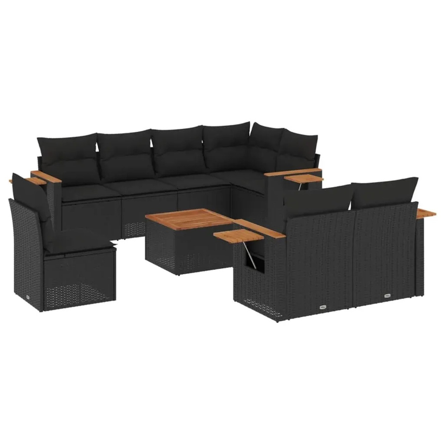 vidaXL 9-tlg. Garten-Sofagarnitur in L-Form aus Poly-Rattan und Akazienholz mit Kissen, Schwarz - Bild 2