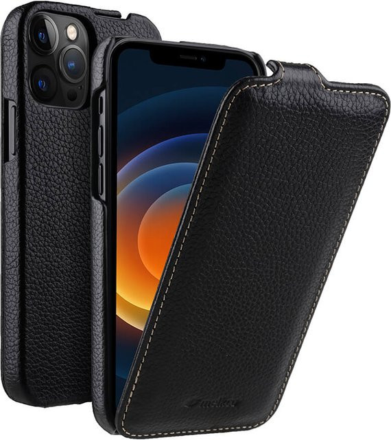 Melkco Echtleder Klapphülle für iPhone 12 bis 16 Pro Max in Schwarz mit vertikaler Öffnung - Bild 1