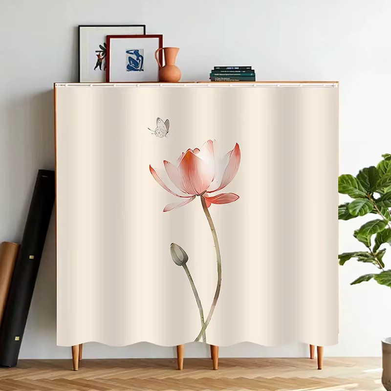 VIKAMA Vorhang im chinesischen Tuschelotus-Stil für Schuhschränke und Küchenschränke, Beige, Breite: 90 cm, Höhe: 65 cm - Bild 1