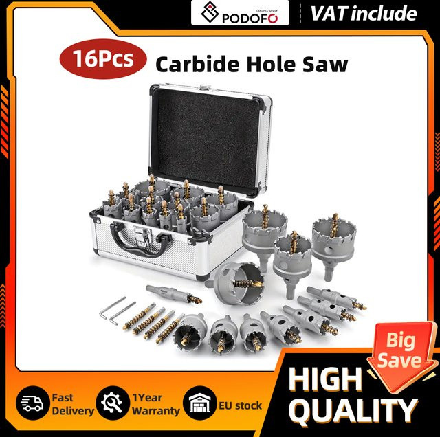 Podofo 16-teiliges Hartmetall-Lochfräser-Set in Silber für schwere Beanspruchung mit Pilotbohrer und Aufbewahrungsbox - Bild 1