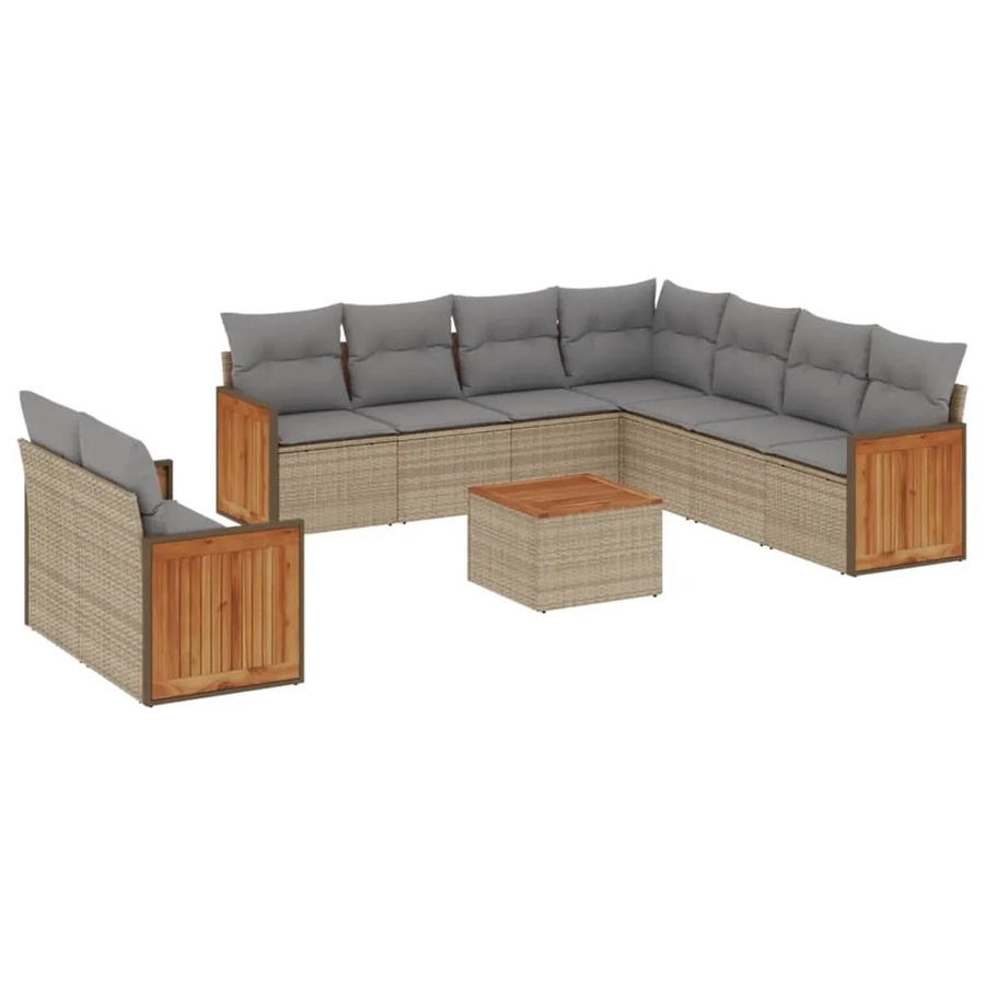 vidaXL 10-tlg. Garten-Sofagarnitur in L-Form aus Polyrattan und Akazienholz mit Kissen in Beige-Grau - Bild 2