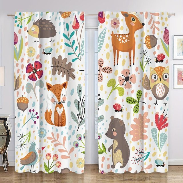 2er-Set Vorhänge mit Cartoon Tierprint Fuchs Löwe Giraffe im Dschungel-Design, halbtransparent, Mehrfarbig, Breite: 135 cm, Höhe: 185 cm - Bild 1