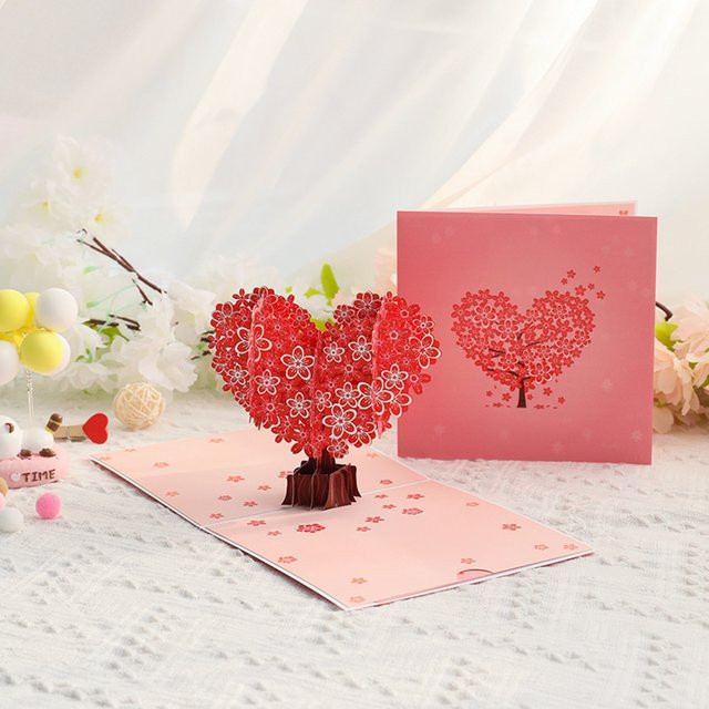 Love Heart Kirschblütenbaum 3D-Popup-Karte in Pink als kreative Papierskulptur für Valentinstag und Jubiläen - Bild 1