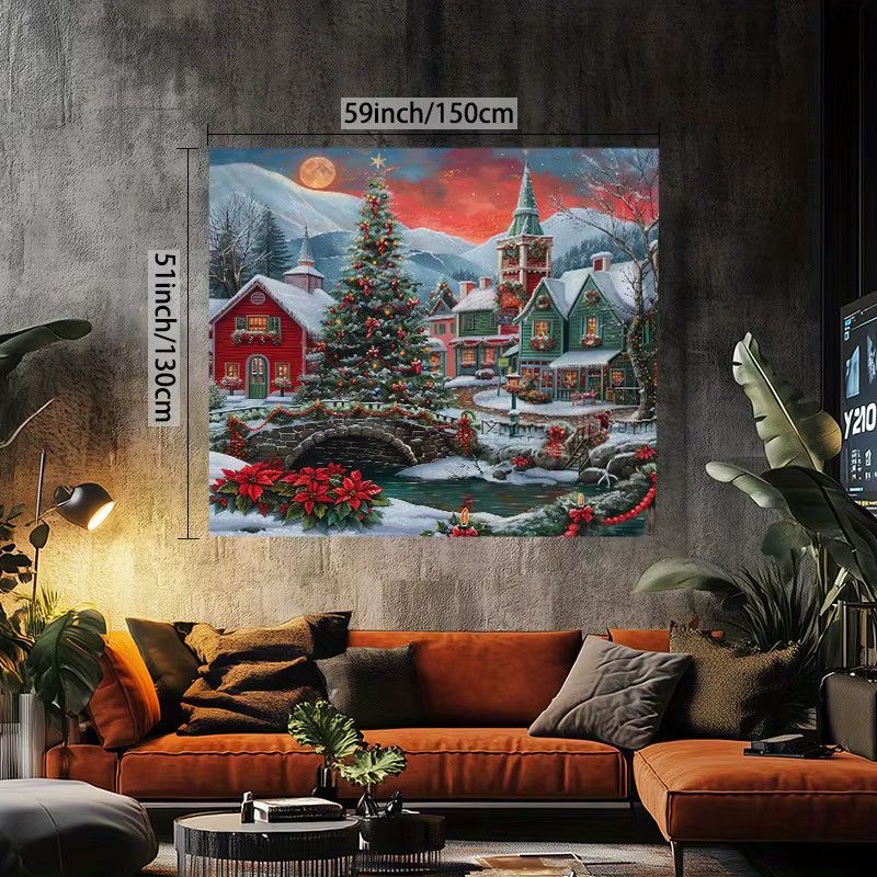 VIKAMA Wandteppich mit amerikanischer Weihnachtsschneeszene und bunten Lichtern Snowy Town Stone Bridge zur Wanddekoration für dein Wohnzimmer - Bild 2