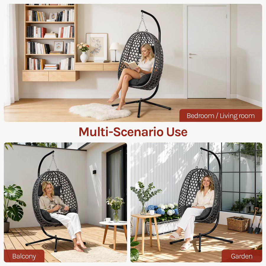 WOLTU Egg Hängesessel mit Kissen und verstellbarer Kopfstütze in Schwarz mit Standgestell für Garten, Balkon und Terrasse - Bild 5