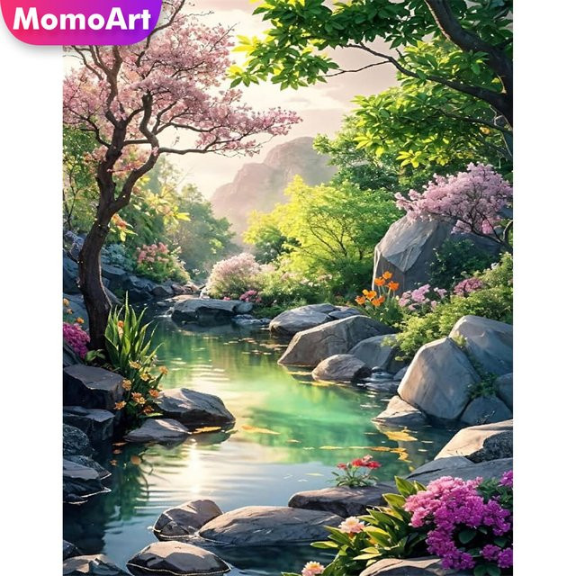 Momoart 5D-Diamantgemälde Flusslandschaft mit Baum als DIY-Stickmuster für Erwachsene und Anfänger, Multicolour, B/H: 30,0 x 20,0 cm - Bild 1