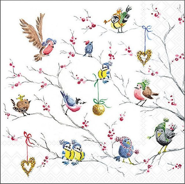 Serviette Birds In Tree aus Papier in Weiß mit Winter-Motiv - Bild 1