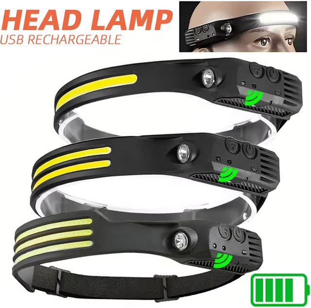 LED COB Sensor Stirnlampe in Schwarz mit USB-wiederaufladbarem Akku für Outdoor, Camping und Angeln - Bild 1