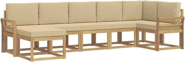vidaXL Outdoor-Sofagarnitur aus Akazienholz in L-Form, 7-teiliges Gartenmöbel-Set mit Kissen und Ottoman in Weiß und Beige - Bild 1