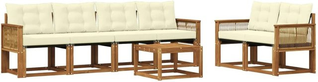 vidaXL Outdoor-Sofagarnitur aus massivem Akazienholz mit Textilene und Kissen, 7-teiliges Set in Natur und Creme - Bild 1