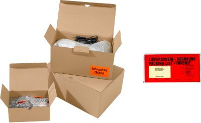 DEBATEC Versandkartons mit Automatikboden und Lieferscheintaschen DIN lang mit Fenster und Aufdruck, Set aus 100 Stück Kartons und 250 Stück Taschen, Innenmaße L: 175 mm, B: 105 mm, H: 75 mm, Farbe Rot - Bild 1