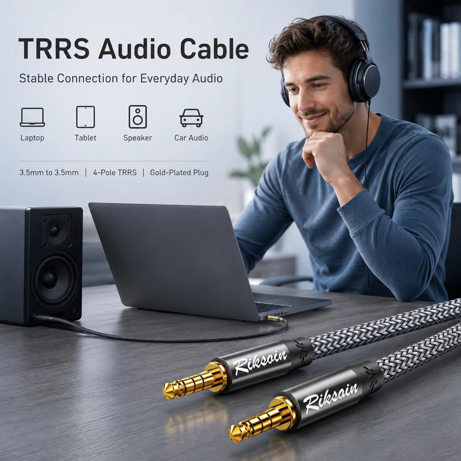 Riksoin 3,5mm TRRS AUX Audiokabel grau, geflochtenes 4-Pol Hi-Fi Stereo-Kabel abgeschirmt für iPad, Samsung Tablet und Auto - Bild 2