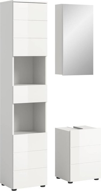 Badezimmer-Set VIRA von xonox.home in Weiß Hochglanz bestehend aus Waschtischunterschrank, Spiegelschrank und Hochschrank B/H/T: 91 x 190 x 34 cm - Bild 1