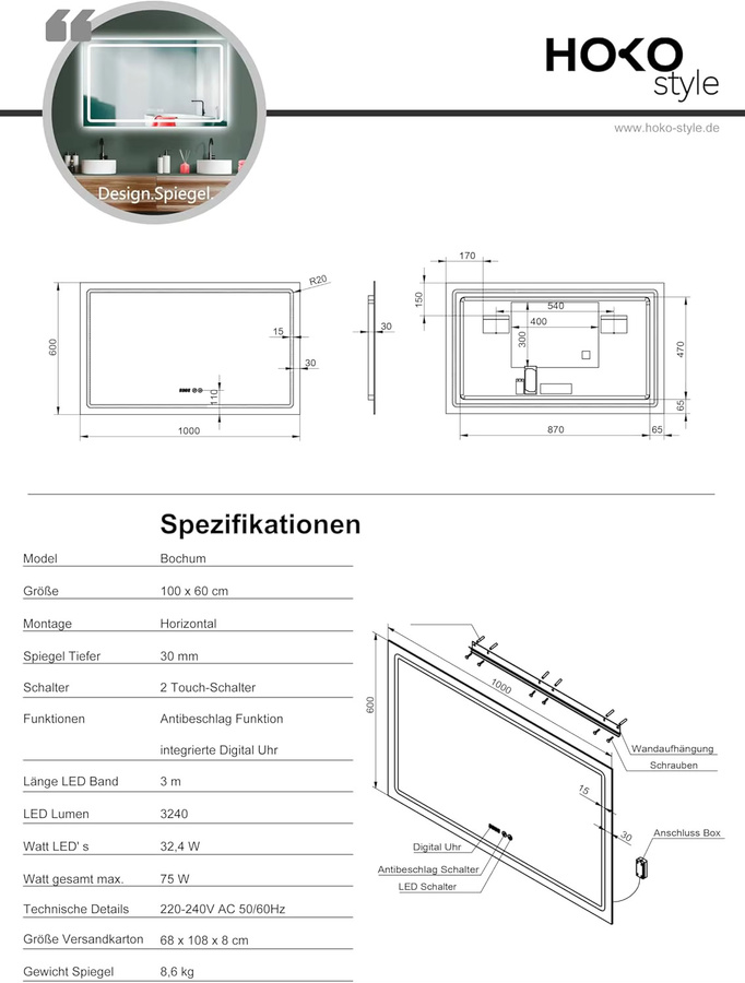 HOKO LED Badspiegel mit Antiveschlag, Uhr und Touch-Schalter, B: 100 cm, H: 60 cm, T: 30 cm - Bild 4