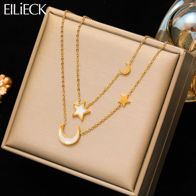 EILIECK Halskette mit Mond Sterne Anhänger, Edelstahl, Gold, Damen - Bild 1