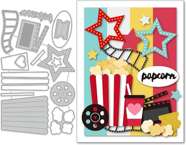 Metall Stanzform für Scrapbooking mit Popcorn und Filmrollen Motiven zur Prägung - Bild 1