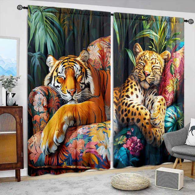 2er-Set Vorhang mit Tiger- und Leoparden-Print in Braun, halbtransparent mit Stangentasche, Breite: 52,5 cm, Höhe: 116 cm - Bild 1