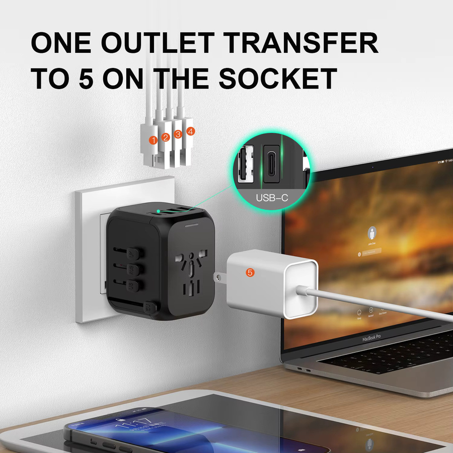HKLAMIN Universeller Reiseadapter mit 3x USB und USB-C Schnellladung in Schwarz - Bild 2
