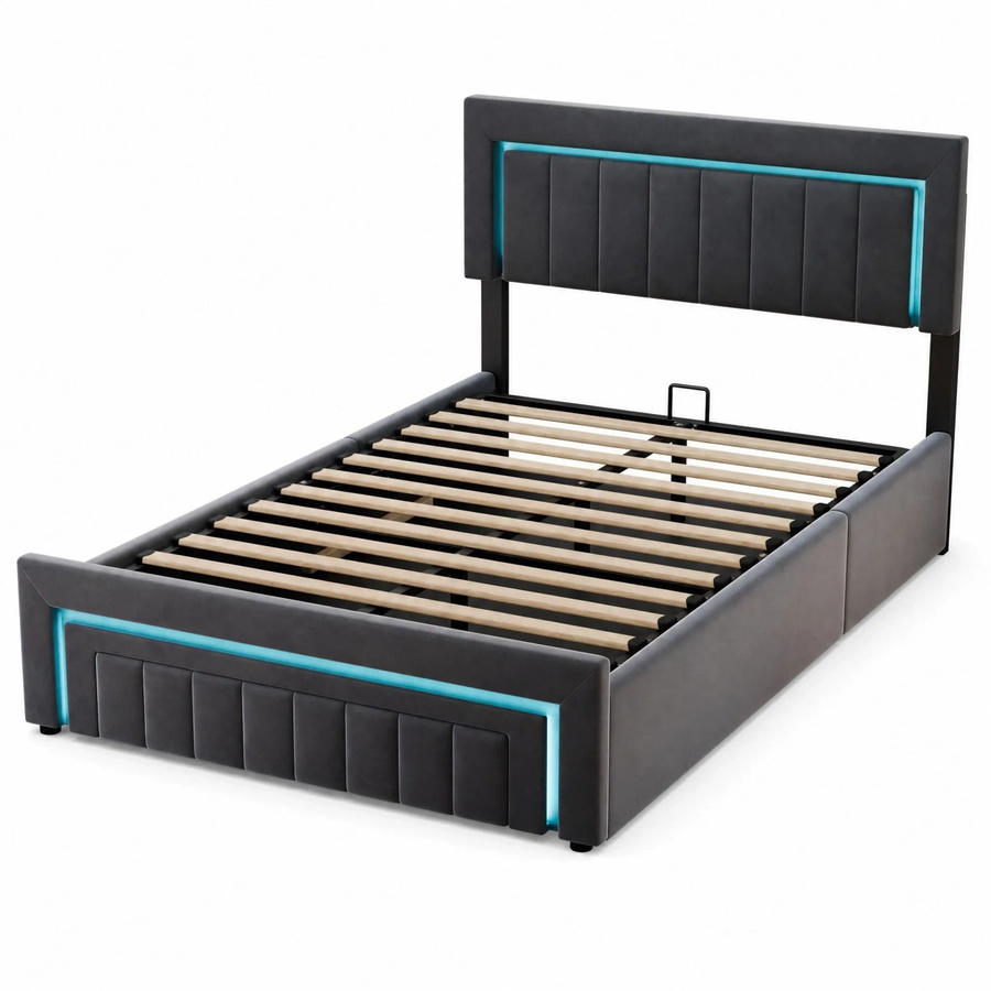 okwish Polsterbett mit LED-Beleuchtung und Schubladen in Grau, B/T/H: 140 x 190 x 107,5 cm - Bild 2