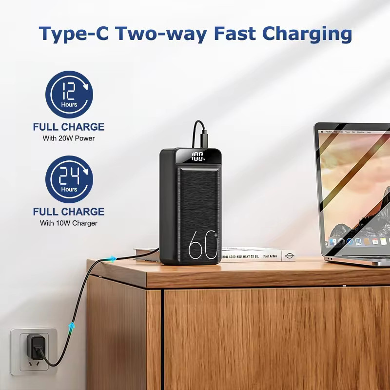 Hganus PowerBank mit 60000mAh Kapazität, 22,5W Schnellladung QC PD3.0, USB-C-Anschluss und Taschenlampe, Schwarz - Bild 6