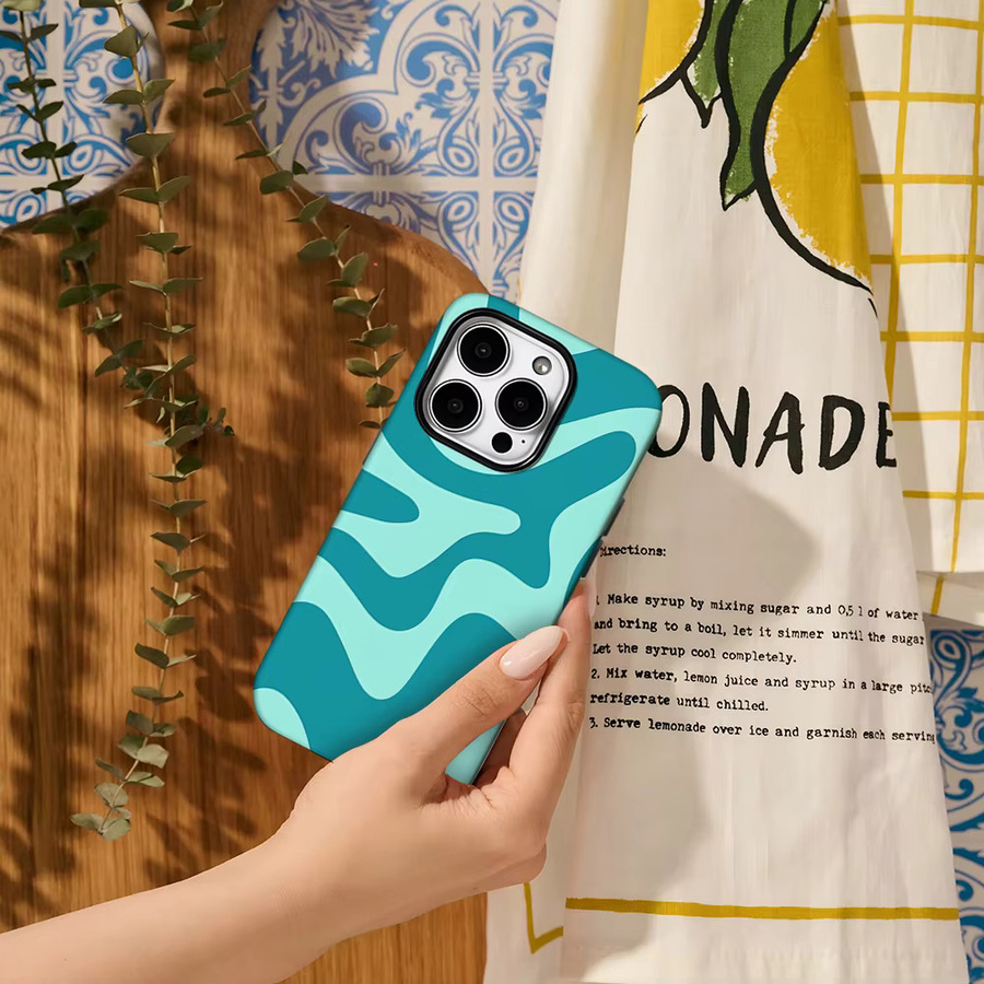 Potdemiel Handyhülle mit blau-grünem Wellenmuster für iPhone Modelle, doppelschichtige Rückseite in Blau, Grün und Türkis - Bild 3