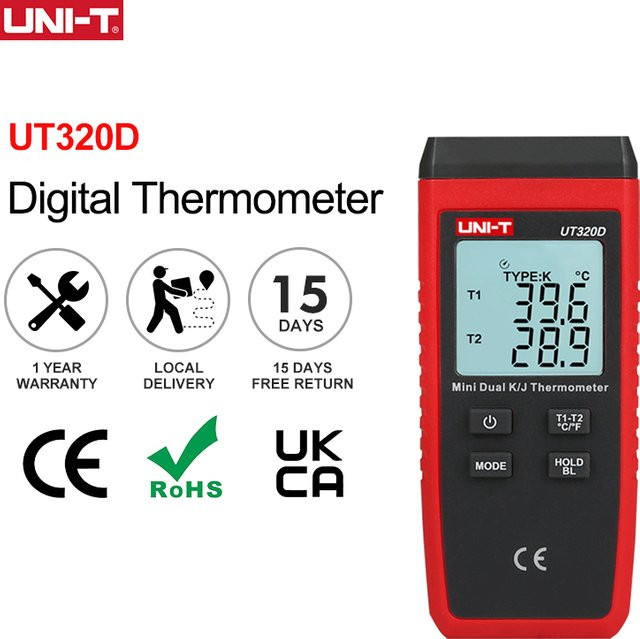 UNI-T UT320D K/J Thermokoppelthermometer UT320A Mini digitales Thermometer in Rot mit Messbereich -50 bis 1200 ℃ - Bild 1