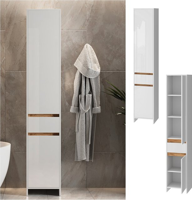 Vicco Badschrank Detmold in Weiß und Eiche mit 2 Türen und Schubladen, B/T/H: 35 x 35 x 190 cm - Bild 1