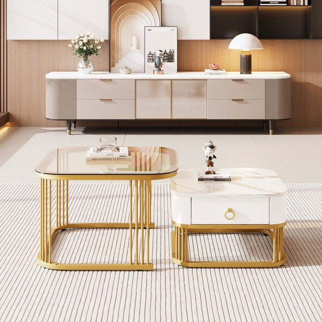 GL Store Stapelbares Couchtisch-Set mit Marmoroptik und Glasplatte in Weiß, Braun und Gold, zweiteiliges Set mit Schubladen für dein Wohnzimmer - Bild 1