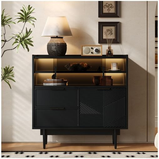 MUVOE Badezimmer-Aufbewahrungsschrank in Schwarz Matt mit Glastüren und integrierter LED-Beleuchtung, Breite: 80 cm - Bild 1