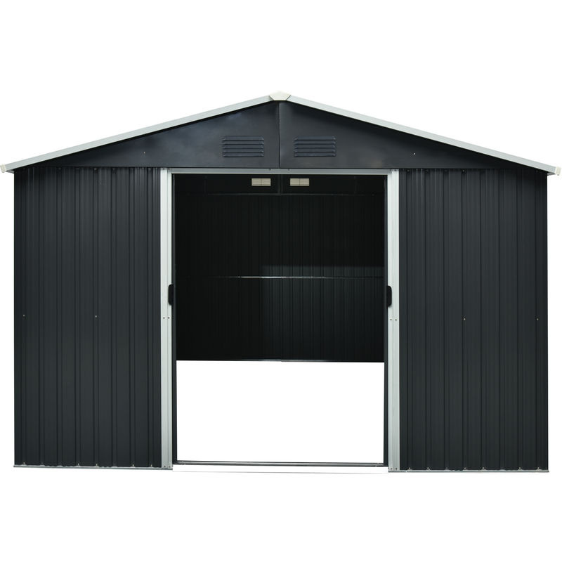 Pergart Gerätehaus Dresden II 1012 aus Metall in Schiefer-Creme mit Schiebetüren und Giebeldach, B/T/H: 301 x 367 x 214 cm - Bild 3