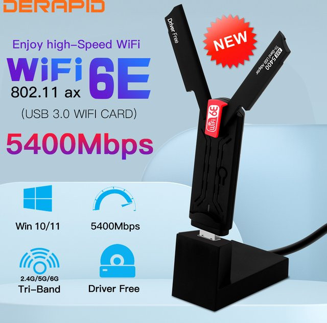 DERAPID WiFi 6E AX5400 USB 3.0 Wireless-Adapter Tri-Band Wi-Fi Booster mit High-Gain-Antenne in Schwarz - Bild 1