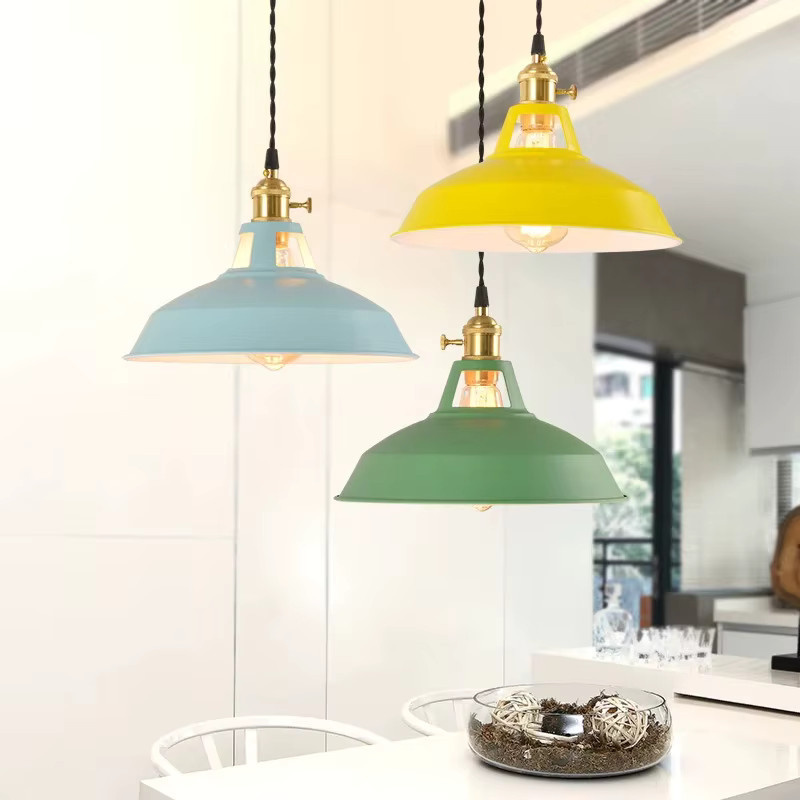 Moderne runde Pendelleuchte aus Metall in Macaron-Farben mit E27 Fassung und Knopfausschalter für dein Esszimmer - Bild 2