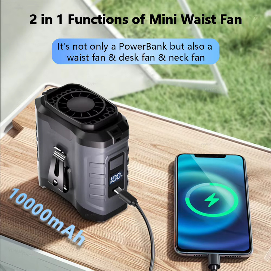 Raugee Taillenventilator Grau, wiederaufladbarer Mini-tragbarer Ventilator mit 10.000 mAh Power Bank, kabelloser USB-Ventilator für Sport und Outdoor-Aktivitäten - Bild 2