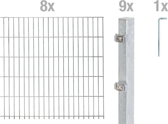 Metallzaun Grund-Set Doppelstabmatte aus Stahl, feuerverzinkt, Farbe: Silber, Höhe: 120 cm, Breite: 200 cm, Tiefe: 50 cm - Bild 1