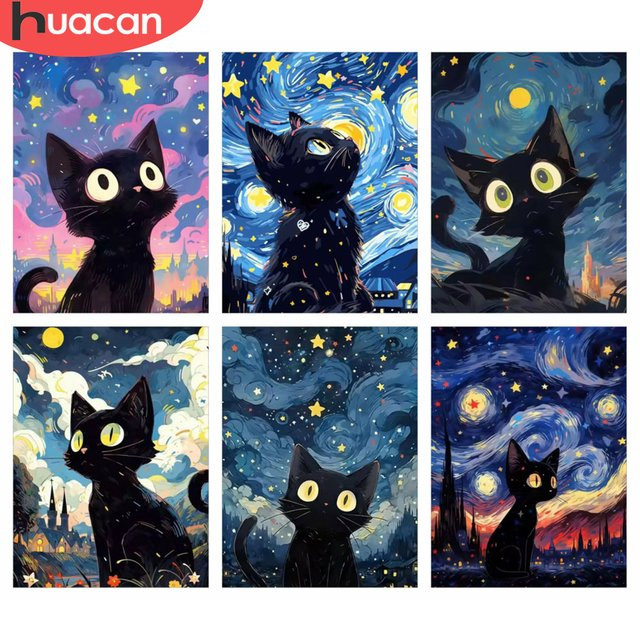HUACAN Diamant-Gemälde Schwarze Katze im Sternenhimmel als Tier-Mosaik Set, rund, Durchmesser: 30 cm - Bild 1