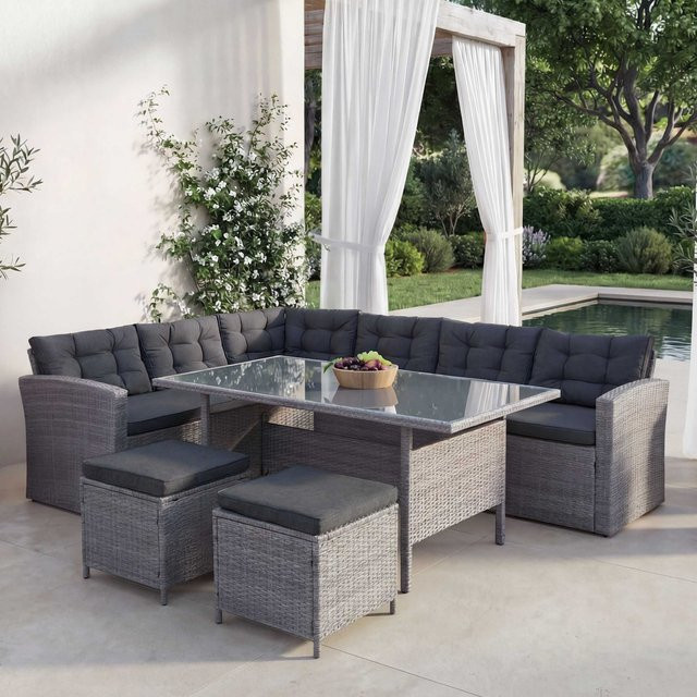 MCW Poly-Rattan-Garnitur A29 Lounge-Esstisch-Set in Grau mit Sofa, Kissen und 2 Hockern - Bild 1