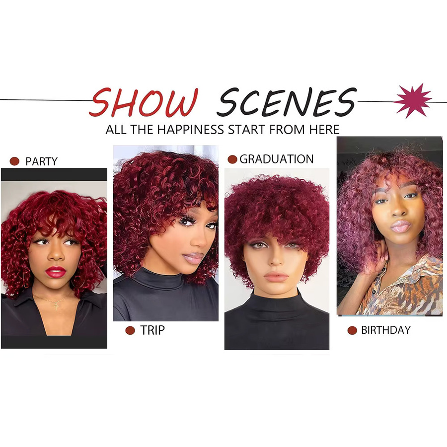 OYM HAIR Pixie-Schnitt-Perücke, burgunderrot, kurzes lockiges brasilianisches Remy-Echthaar - Bild 4
