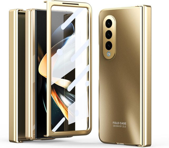 Samsung Galaxy Z Fold 4 und Z Fold 3 5G Schutzhülle mit Scharnier-Abdeckung und Tempered Glas in Beige - Bild 1