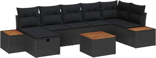 vidaXL Garten-Sofa-Set 8-teilig in Schwarz aus Poly Rattan mit Kissen und Ottoman für Garten, Balkon oder Terrasse - Bild 1