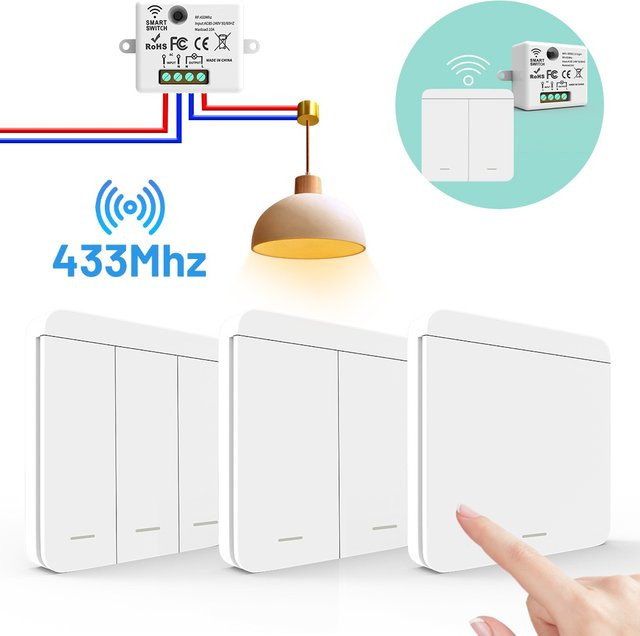 Szaoju Wireless Mini Relais Empfänger mit Fernbedienung, RF 433 MHz Wand Panel Schalter für LED Licht, Weiß - Bild 1
