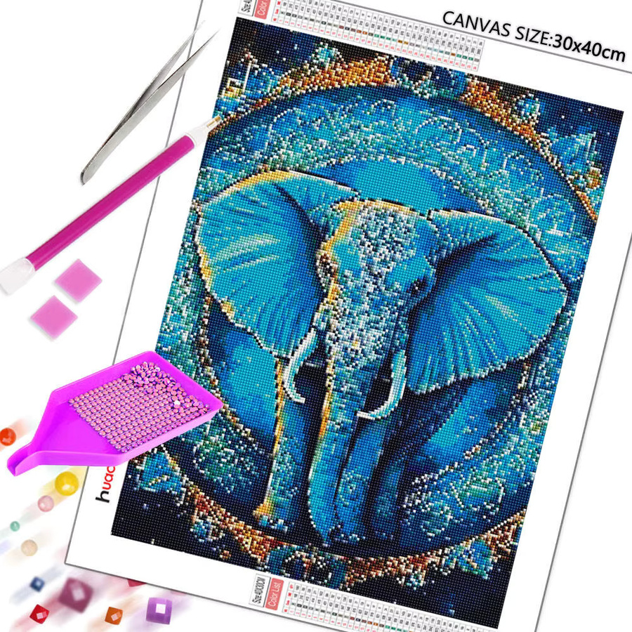 Huacan Diamantgemälde Elefant in Blau als dekoratives Diamantmosaik auf Leinwand, B/H: 30 x 20 cm - Bild 2