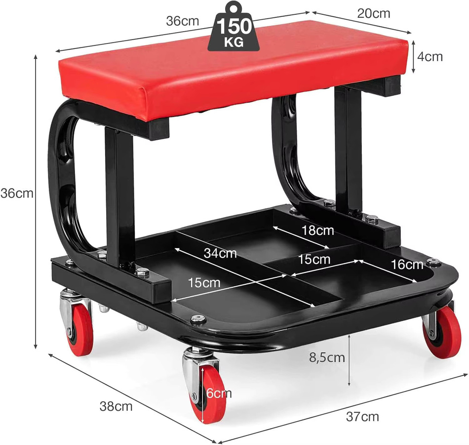 GOFLAME Werkstattsessel mit Rollen und Regal in Rot, Belastbarkeit 150 kg, B/T/H: 38,0 x 36,0 cm - Bild 6