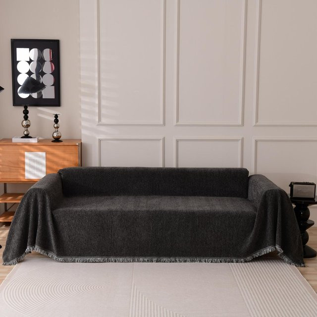Your Warm Home Sofaüberwurf aus Jacquard-Chenille mit Quasten in Dunkelgrau, B/T: 180 x 130 cm - Bild 1