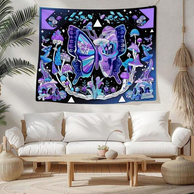 VIKAMA Psychedelischer Wandteppich mit Schmetterling, Totenkopf und Neon-Pilzen in Multicolour, Wandbehang für Schlafzimmer und Gaming-Raum, B/H: 60 x 40 cm - Bild 1
