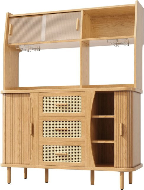okwish Buffetschrank mit Rattanoptik in Natur, moderner Küchenschrank mit Glasschiebetüren, B/T/H: 140 x 40,5 x 174,5 cm - Bild 1