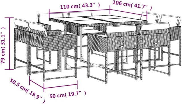 vidaXL 9-tlg. Garten-Essgruppe aus Poly Rattan in Schwarz mit Hartglas-Tischplatte und Kissen - Bild 1