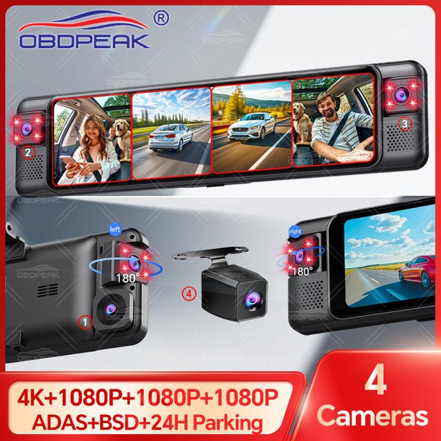 OBDPEAK 4CH 11 Zoll Rückspiegel Dash Cam mit 4K Auflösung, ADAS, BSD und WiFi in Schwarz - Bild 1