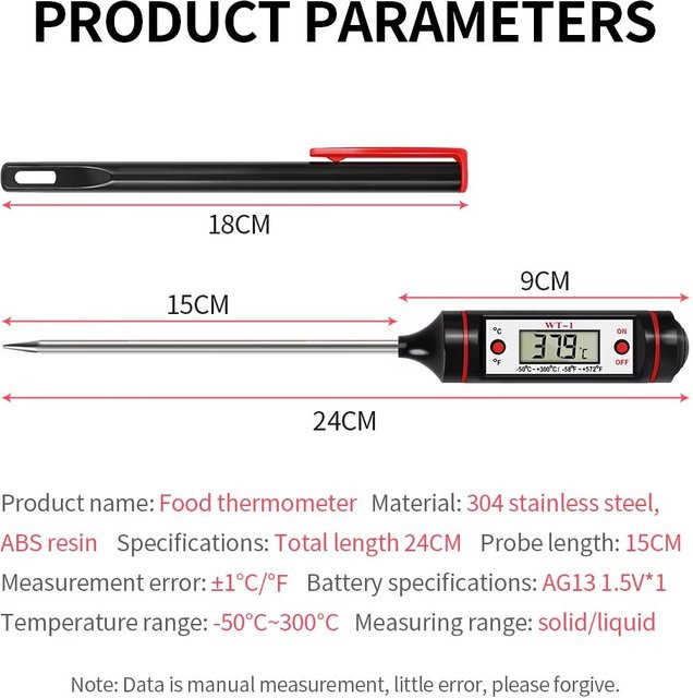 Digitales Lebensmittelthermometer von JUANJUAN in Schwarz aus Edelstahl für Fleisch, Küche und BBQ bis 300 °C - Bild 1