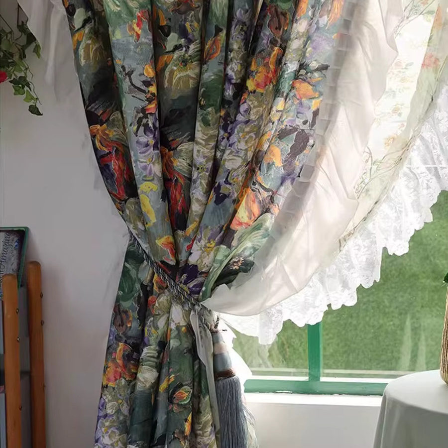 CENTURyMiG Kurzer Café-Vorhang mit Vintage-Monet-Ölgemälde-Druck und Spitzenbesatz, halbtransparent, Mehrfarbig, Breite: 100 cm, Höhe: 200 cm - Bild 4